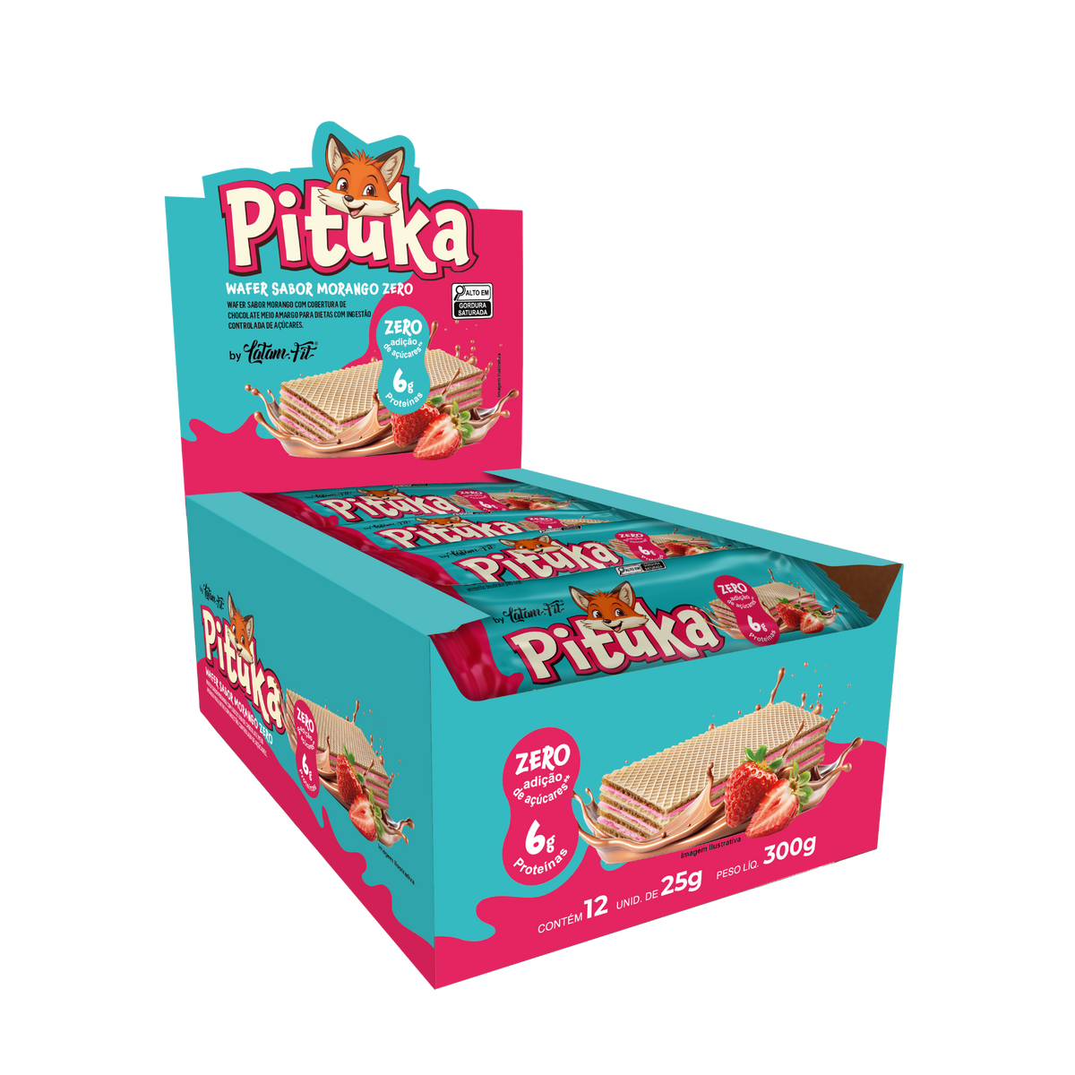 Pituka Wafer recheio sabor Morango com proteína coberto com Chocolate 300g
