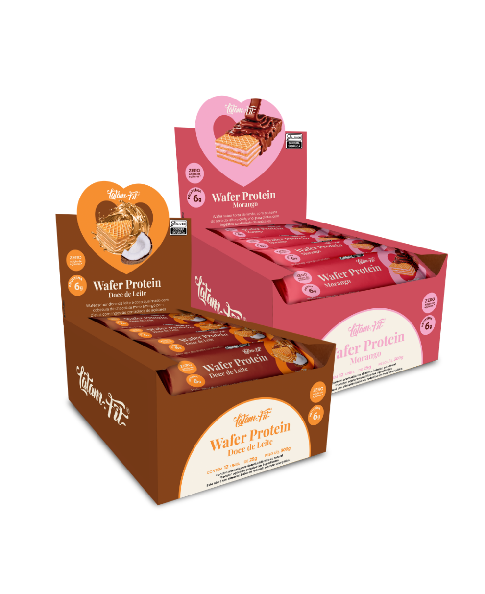 COMBO LANÇAMENTO WAFER DE MORANGO E WAFER DOCE DE LEITE COM COCO + PROTEÍNA COBERTO COM CHOCOLATE - (24 UNIDADES DE 25G ) - LATAM PROTEIN 600G