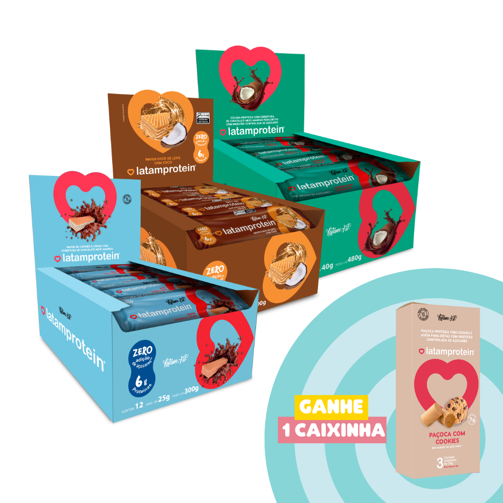 Combo + vendidos proteína - Wafer cookies, Wafer doce de leite com coco, cocada com chocolate e protéicos - 36 und